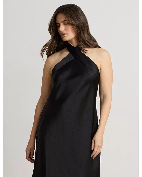 Женское платье с запахом без рукавов Tie back charmeuse halter cocktail dress Ralph Lauren, черный — фото 2