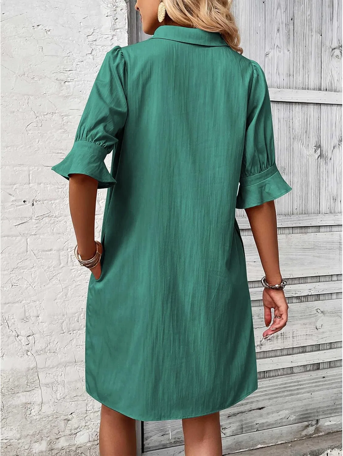 Женское платье-рубашка с воланами, Solid Color Tunic, Green — фото 3