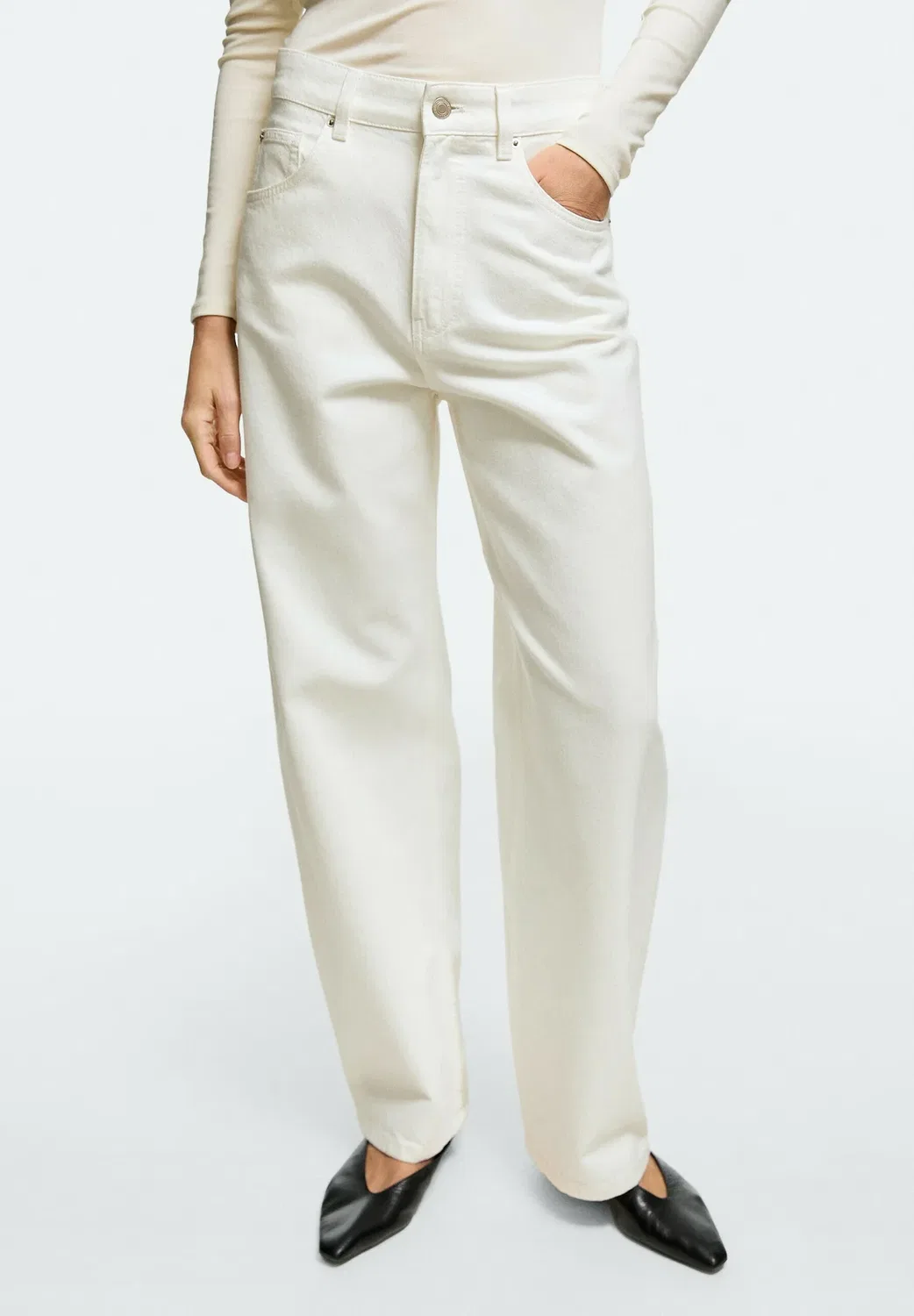 Джинсы с высокой талией, облегающего кроя - свободные джинсы Massimo Dutti, White