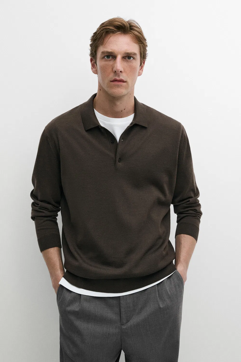 Поло-свитер Massimo Dutti 100% Merino Wool Knit, темный хаки