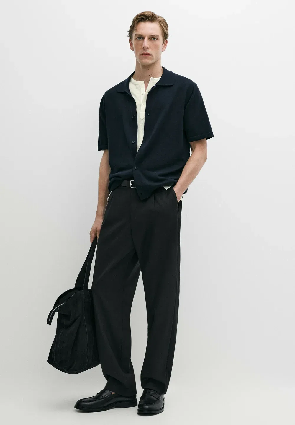 Вязаный кардиган с коротким рукавом на пуговицах - рубашка Massimo Dutti, Dark Blue — фото 2