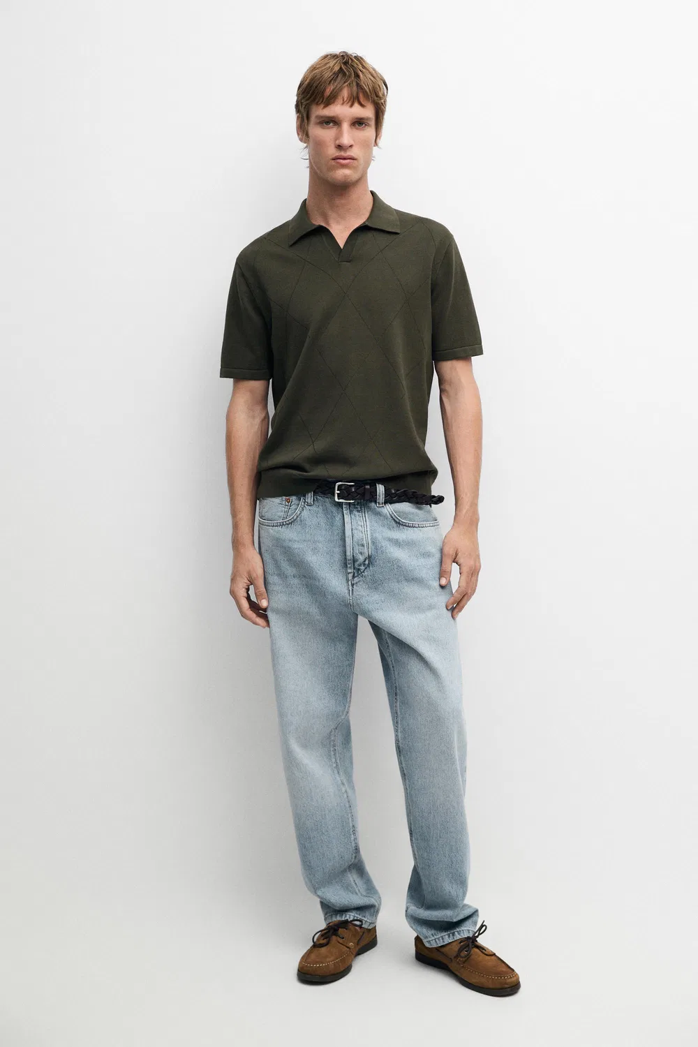Поло-рубашка Massimo Dutti, хлопковая, с элементами интарсии, зеленый