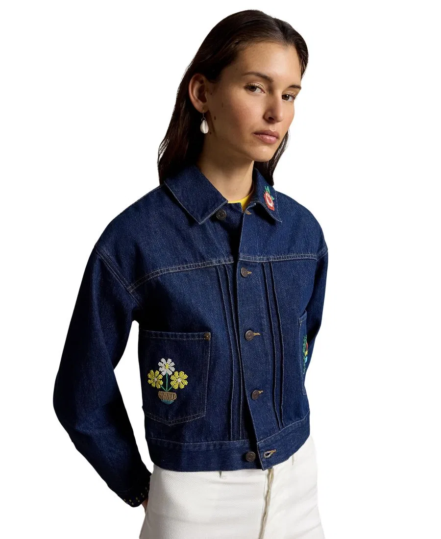 Женская куртка-джинсовка с воротником и бусинами, модель Spread Collar Beaded Denim Trucker Jacket Polo Ralph Lauren, Napola Wash