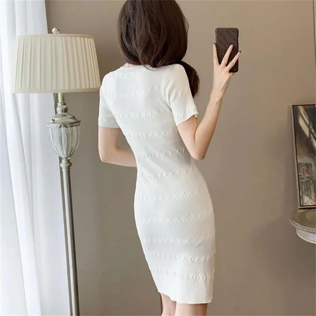Женское мини-платье-карандаш с круглым вырезом, White — фото 2
