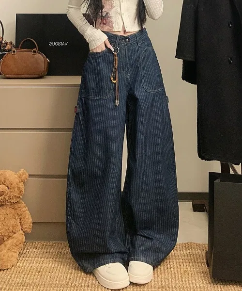 Детские джинсы свободного кроя с полосатым принтом Meryl Stripe Denim Wide Baguette Painter Pants NEW GENTLEMAN, Синий