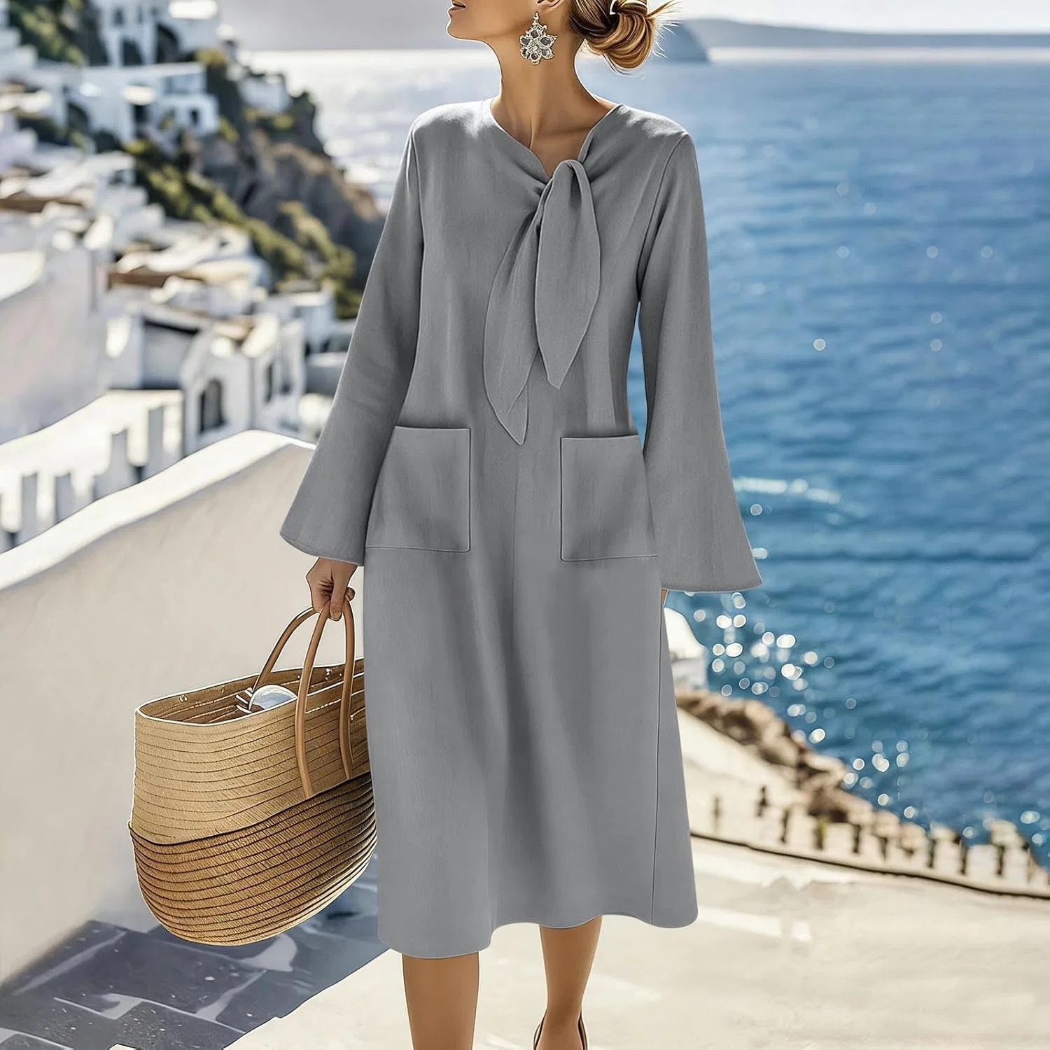 Женское летнее платье миди с рукавами-фонариками Linen Elegant, Gray — фото 2