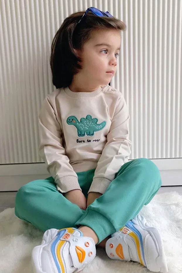 Детский спортивный комплект для мальчиков с принтом Dinosaur Embroidery Breeze, Beige — фото 2