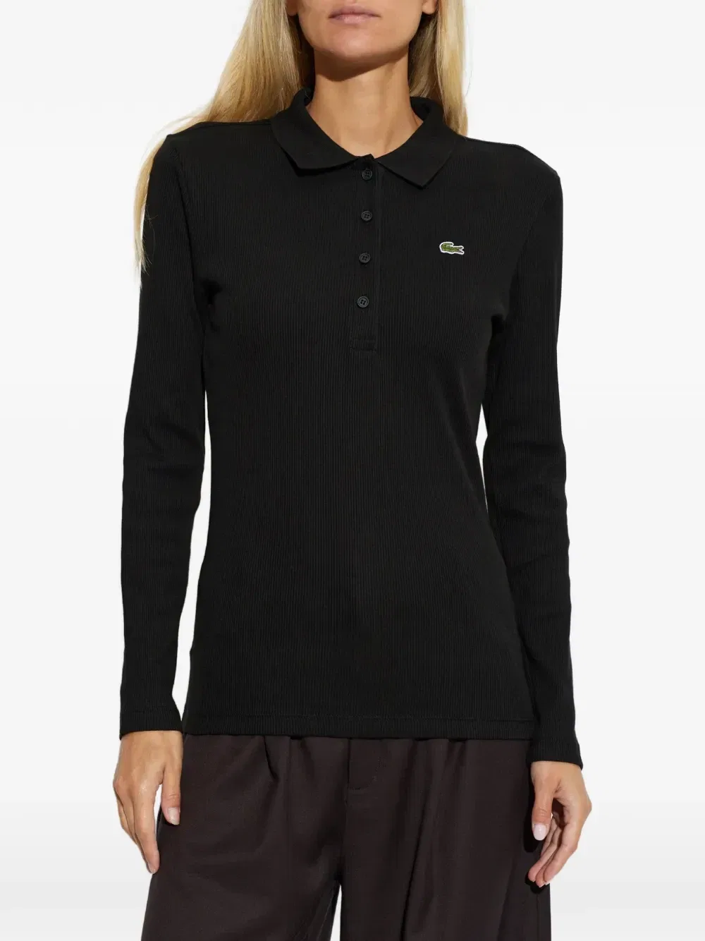 Рубашка-поло с длинным рукавом в рубчик Lacoste, черный — фото 3