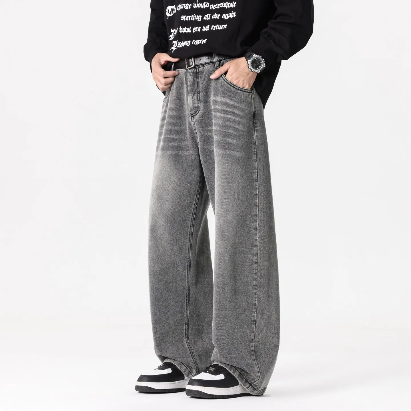 Детские джинсы свободного кроя с потертостями Red Bean, Gray — фото 4