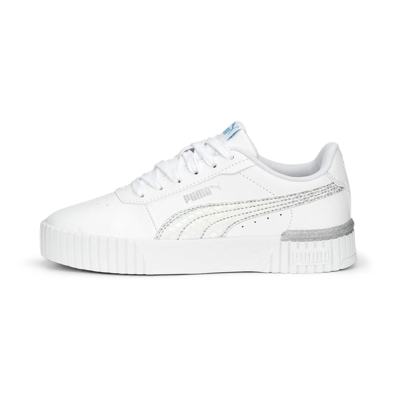 Детские кроссовки с блестками Carina 2.0 Mermaid Sneakers Jugendliche Puma, Weiss Blau Silber — фото 3