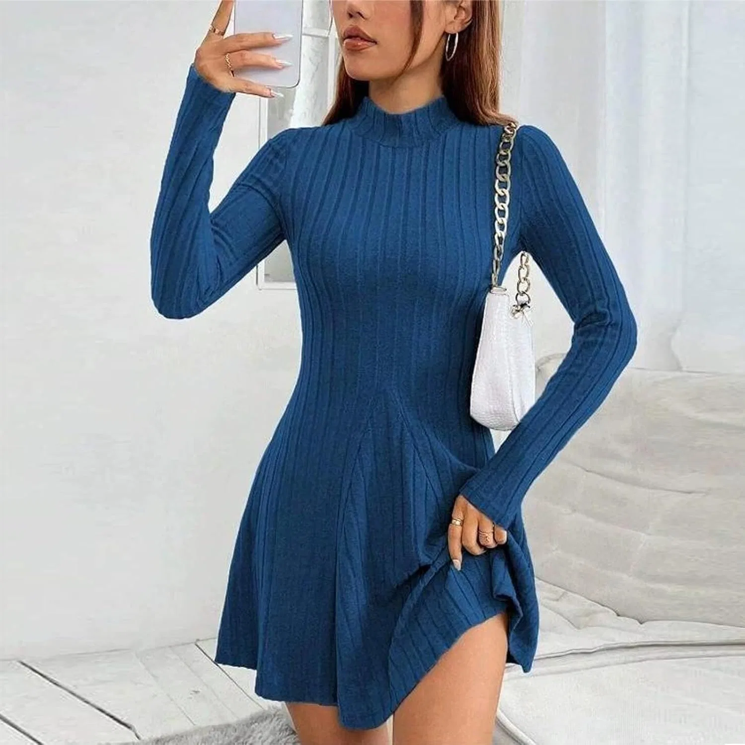 Женское A-line мини-платье с ребристым трикотажем, Royal Blue — фото 2