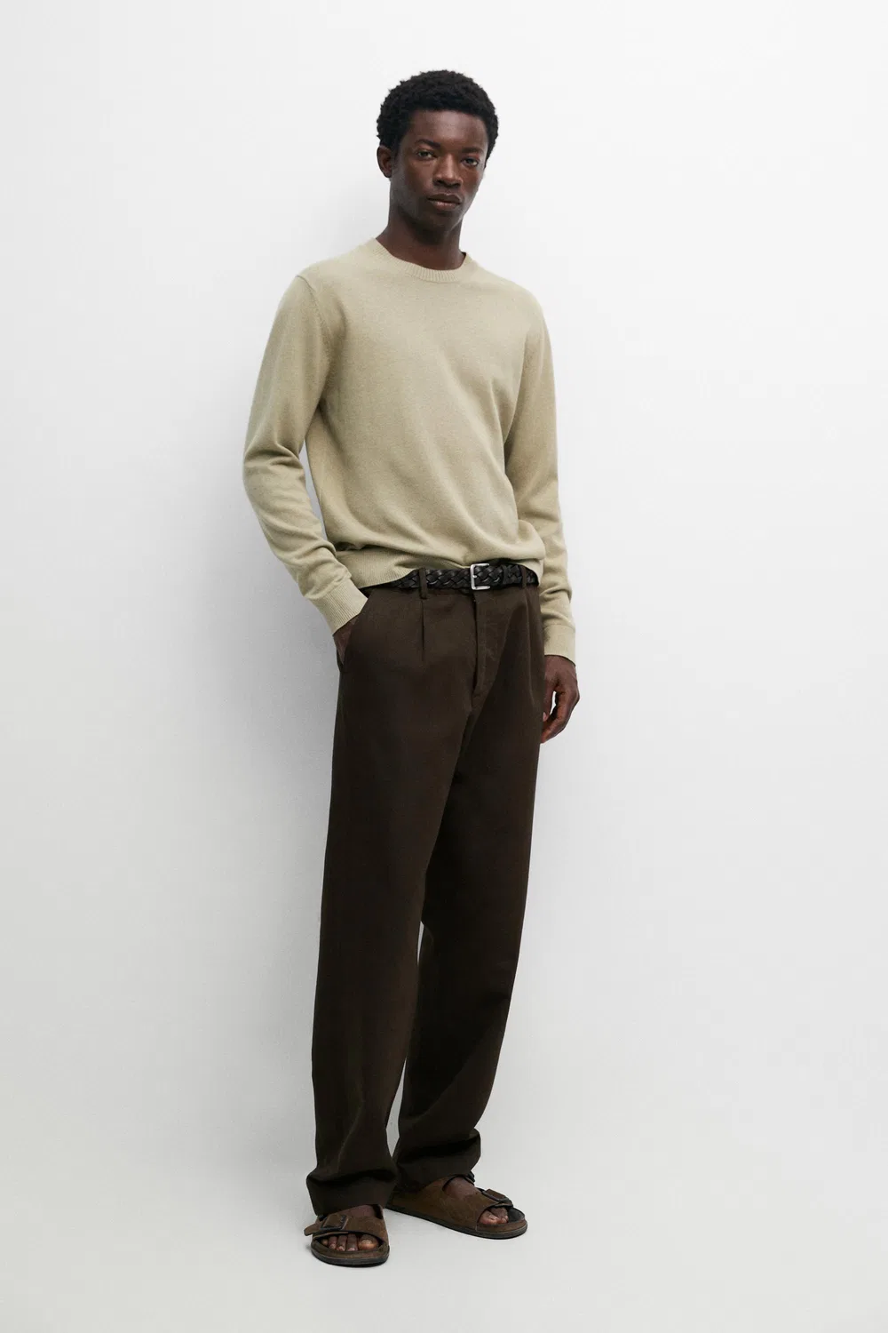 Вязаный свитер из хлопка и шерсти с круглым вырезом Massimo Dutti, бледно-зеленый