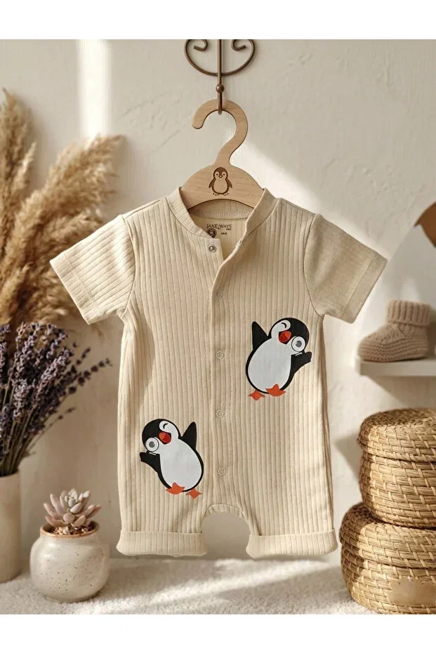 Детское боди-комбинезон для новорожденных с принтом 100% Cotton Penguin Patterned Short Sleeve Shorts Jumpsuit Jakc Ways, Beige — фото 4