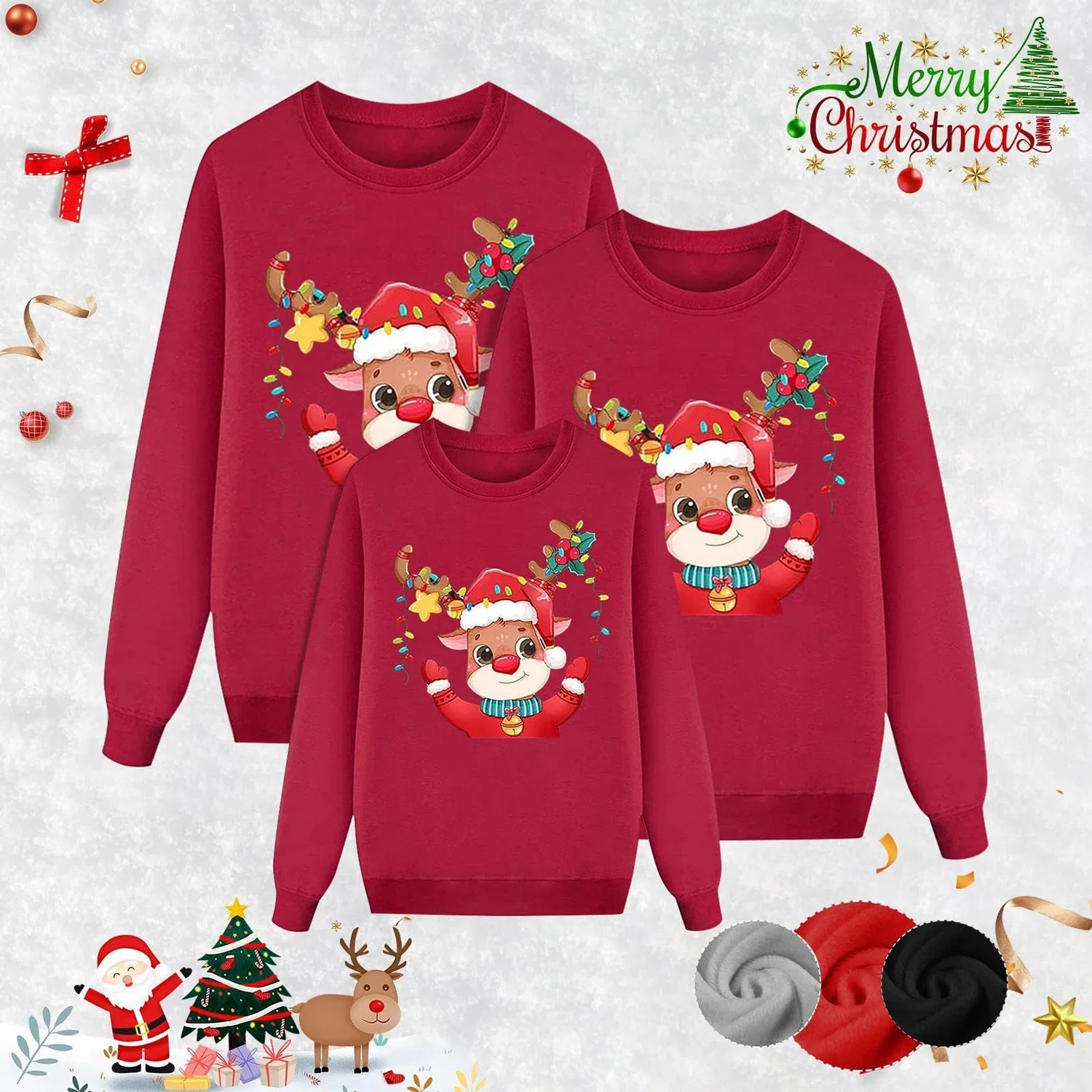 Женский свитшот с принтом Family Christmas Sweatshirts Coordinated 3 Pieces Parents and Child Hooded Sweatshirt with Reindeer Snowman Print Magic AIbero Family Christmas Outfit for Parties and Photos (Children), A07-red — фото 3