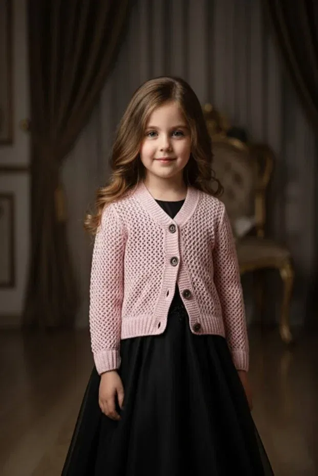 Детское платье-кардиган для девочек Mesh Knitwear Meriç Bebe - Bütün Çocuklar Melektir. Mrc, Powder