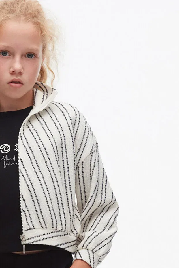 Детский кардиган для девочек в полоску Zippered Cardigan Generic Brands, Cream-Black — фото 2