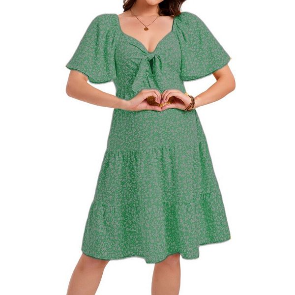 

Летнее платье для беременных с глубоким вырезом, элегантным бантом и рюшами по подолу, миди Yesfashion, Green