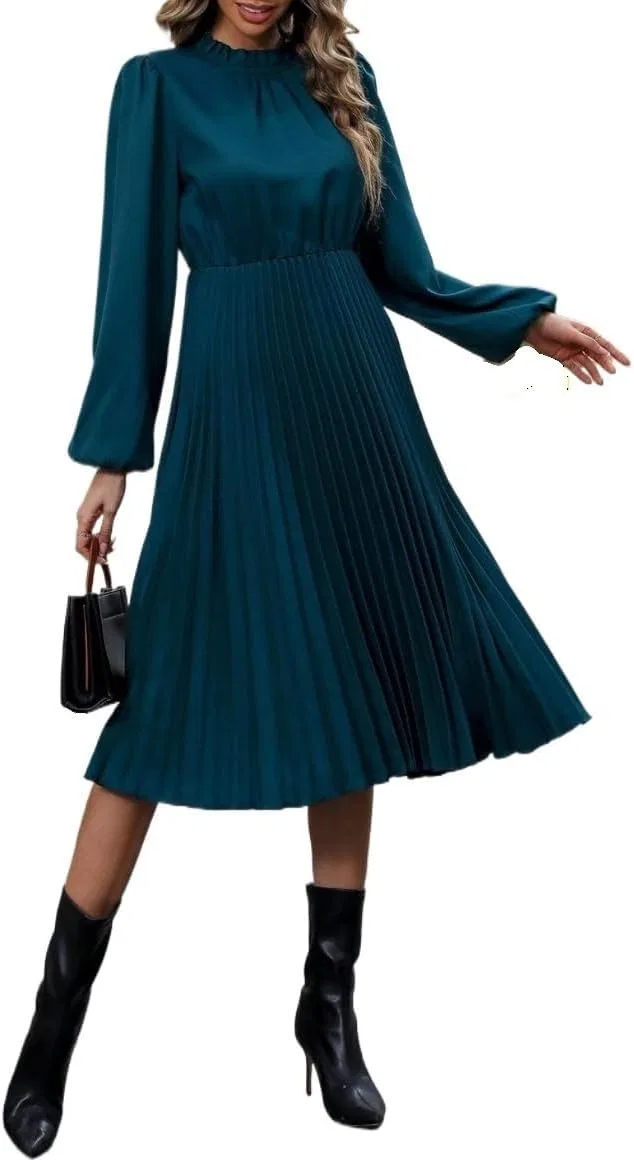 Женское A-силуэт платье миди с плиссировкой, Teal Blue