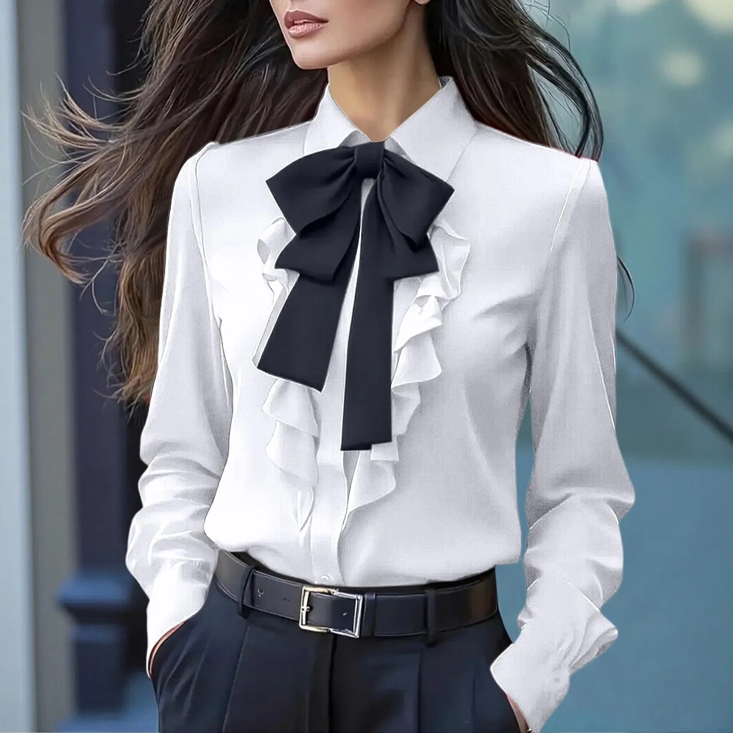 Женская блузка с длинным рукавом с бантом Elegant Work Shirt, Satin 04-white — фото 2