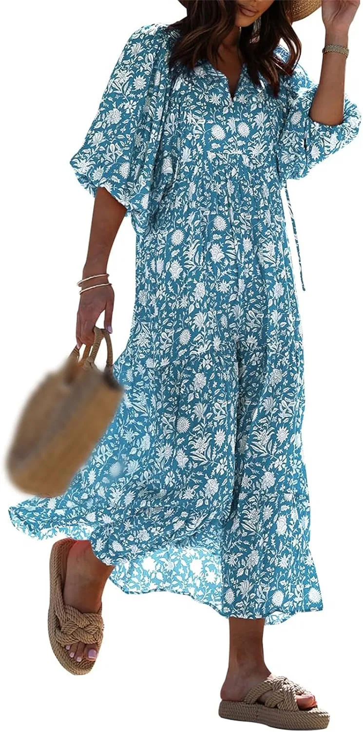 Женское свободное летнее платье макси V-образным вырезом Boho, Blue