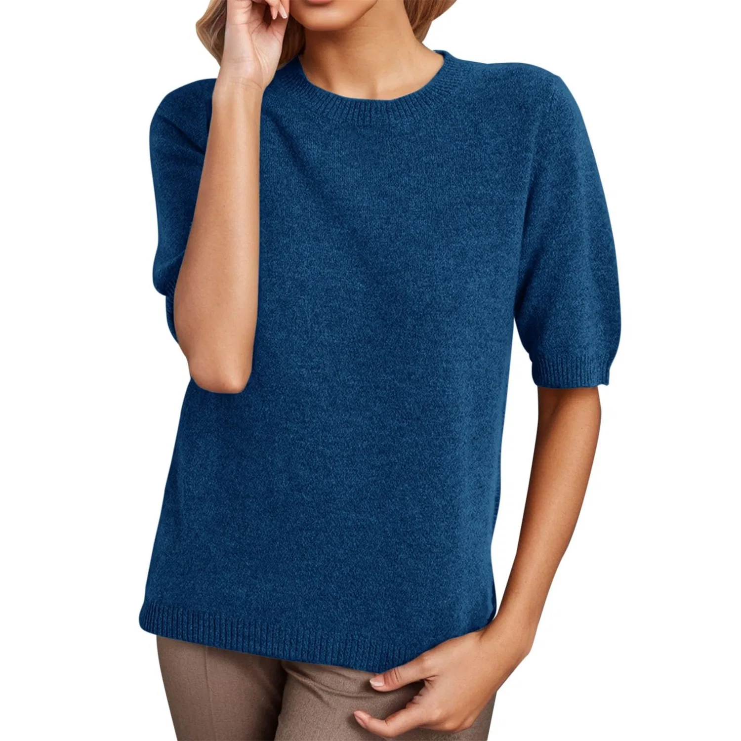 Женский свитер с коротким рукавом черный HUIFUAO, Dark Blue
