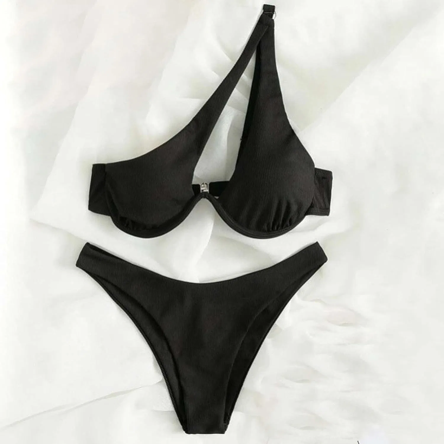Женский бикини-комплект с одним плечом с вырезами Ribbed, Black — фото 3