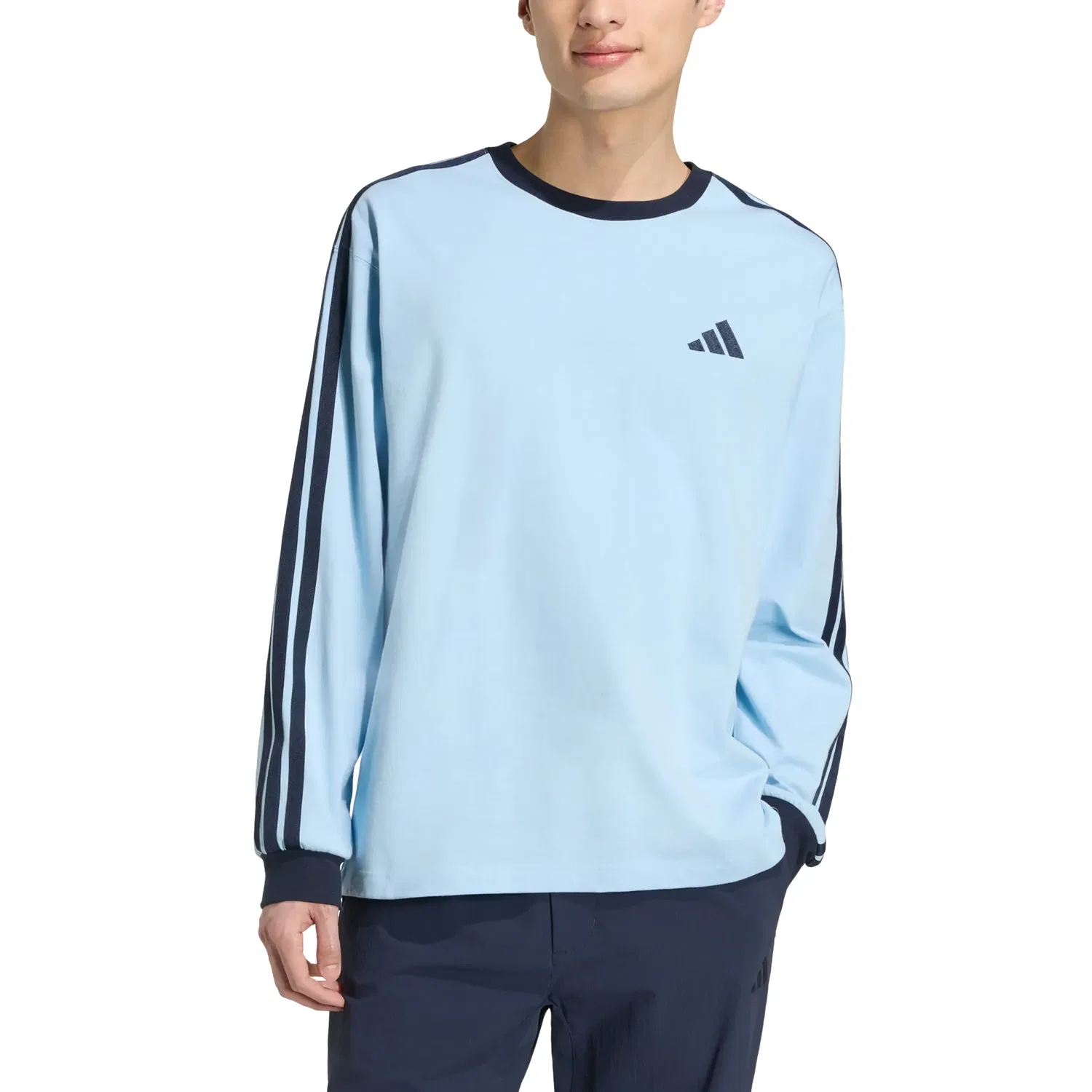 Мужская футболка Essential Plus Loose Fit 3-Stripes Long Sleeve T-Shirt 'Clear Sky' adidas, Clear Sky — фото 2