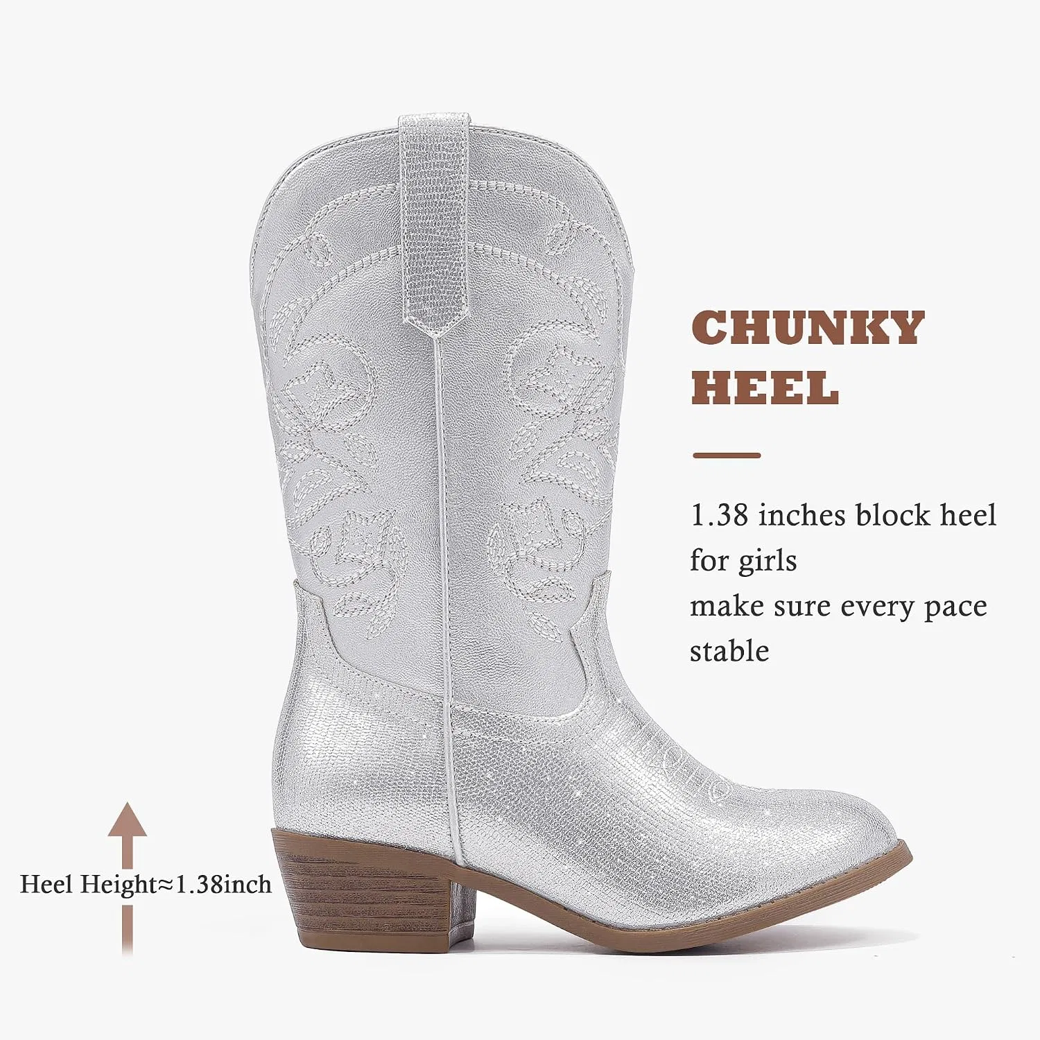 Детские сапоги для девочек с вышивкой Cowgirl Boots LAURMOSA, Silver — фото 4