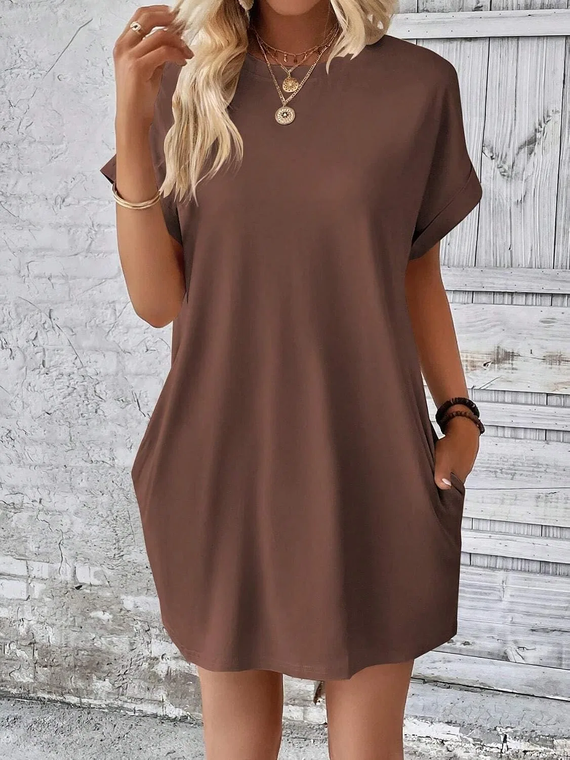 Женское летнее платье с карманом Batwing Tunic, Brown — фото 3
