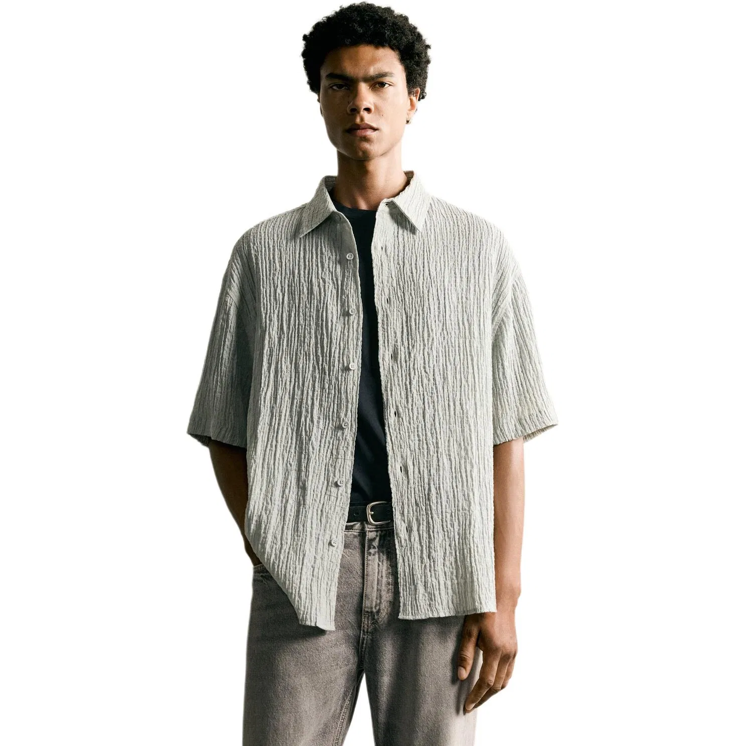 Мужская рубашка с лацканами прямого кроя Light Gray ZARA, Light Gray — фото 3
