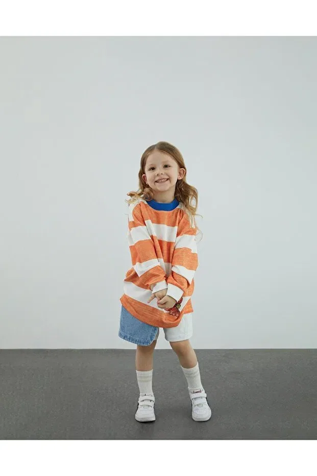 Детская футболка для девочек с длинным рукавом Line Print Long Sleeve Manimani, Mercan — фото 2