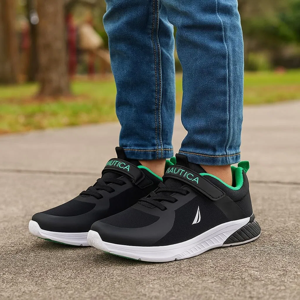 Детские кроссовки для мальчиков с ремешком-шнурком Nautica, Black Green Pop — фото 2