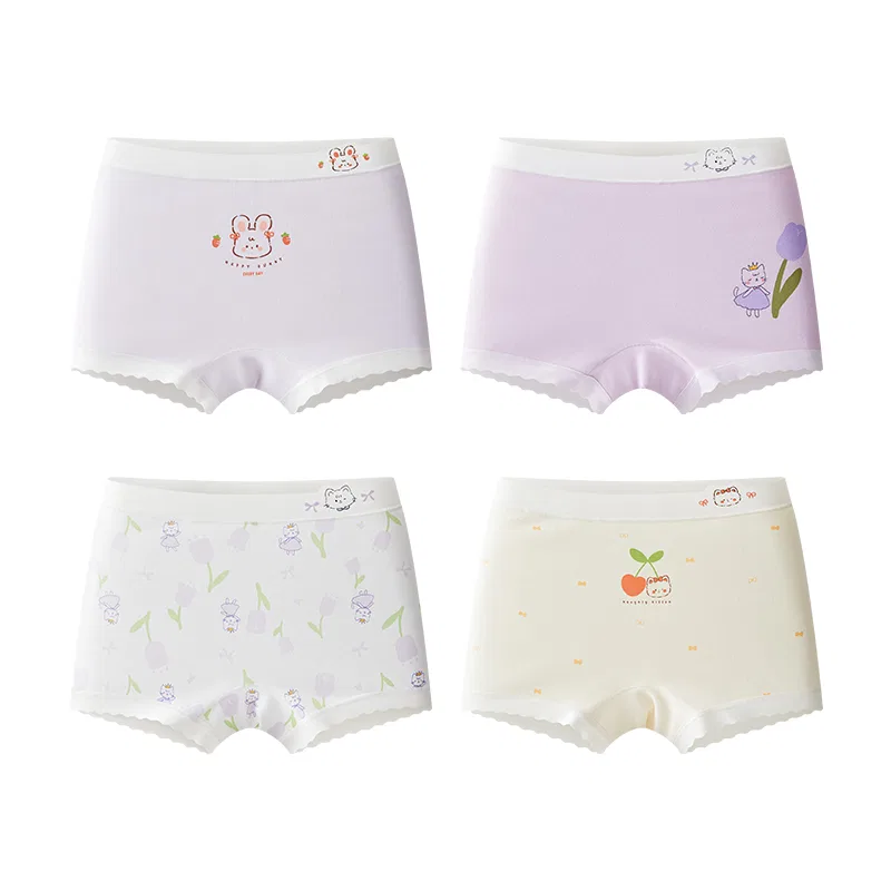 Детские трусы для девочек хлопковые с принтом 4-комплект Red Bean, Purple Light Purple White Light Yellow