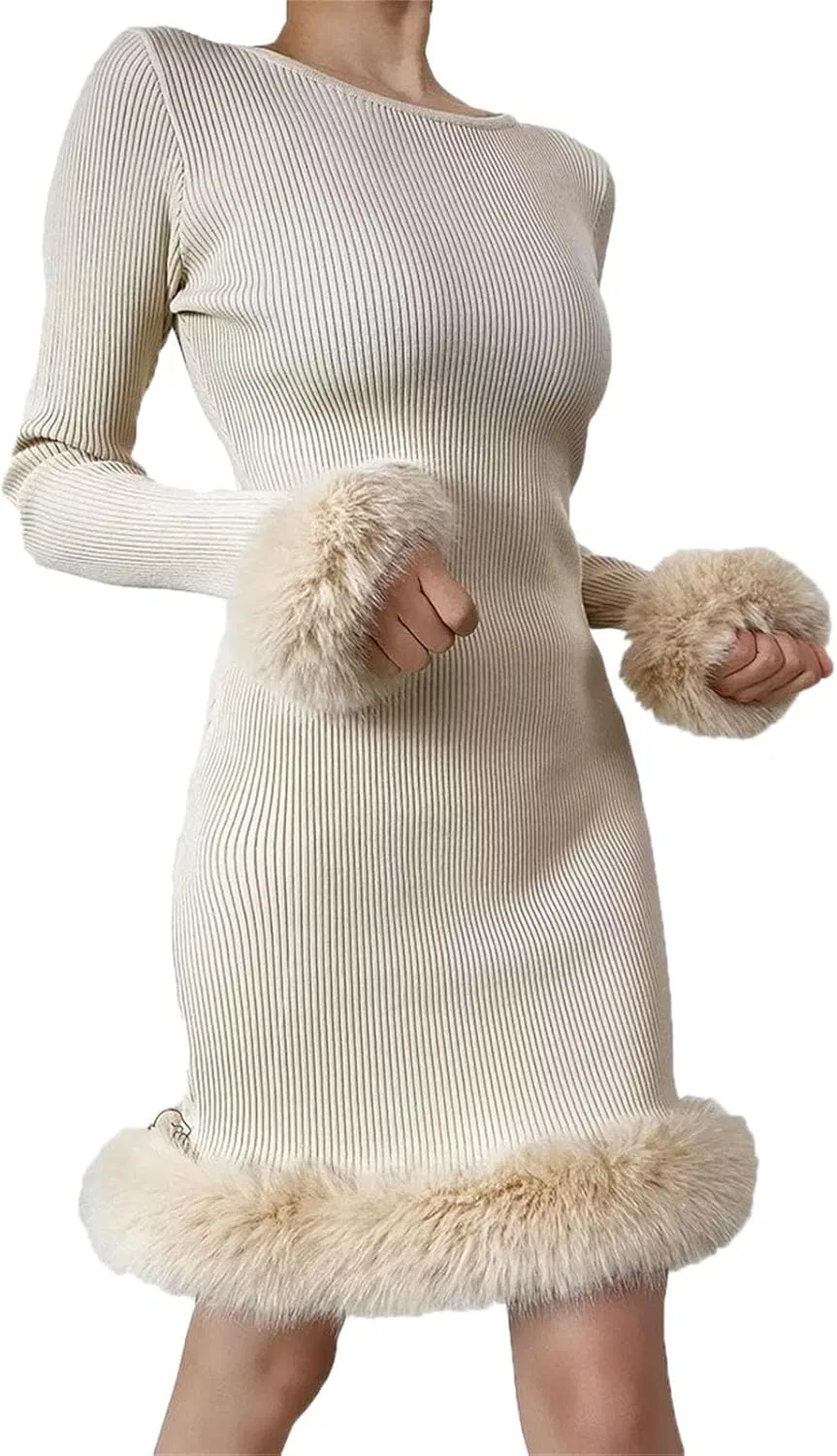 Женское мини-платье с меховой отделкой bodycon, Black