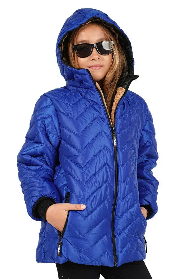 Детское пальто для девочек с капюшоном Girl'S Fur-Lined Hooded Coat with Zigzag Pattern (Water and Windproof) Jarmo Kids, Saks Blue — фото 3