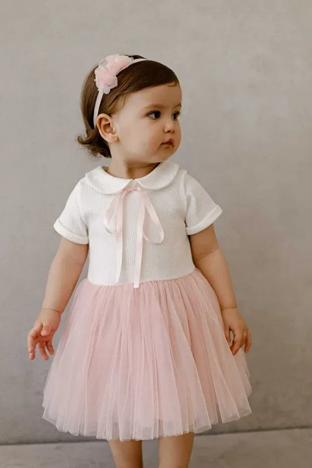 Детское платье для девочек с принтом Perla Short Sleeve Girl's Princess Fluffy Tutu Dress Baby Collar Flexible Lycra Şirin Şeyler Butiği, Short-Pink-White — фото 2