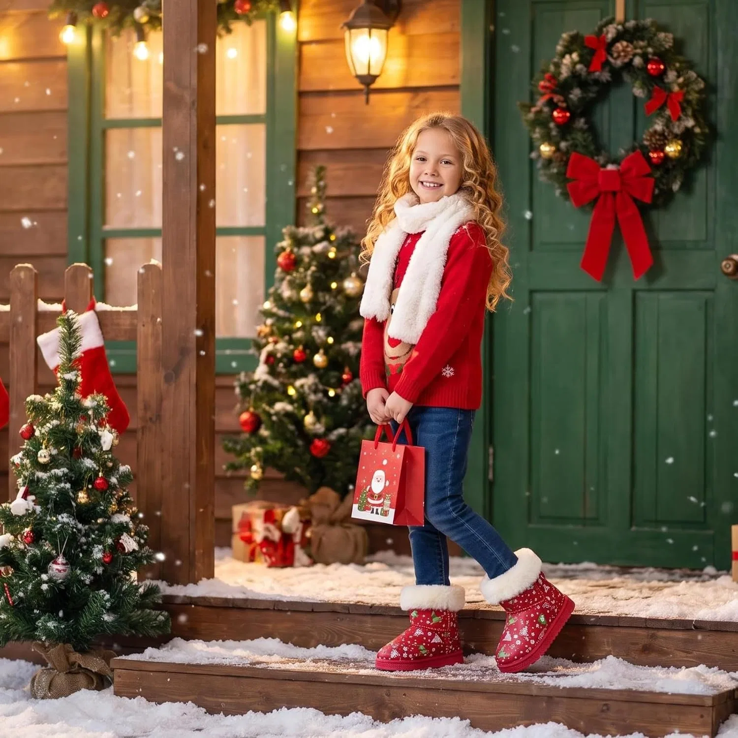 Детские сапоги для девочек с принтом Unicorn Christmas Winter Boot Sugmzox, Red Christmas — фото 2