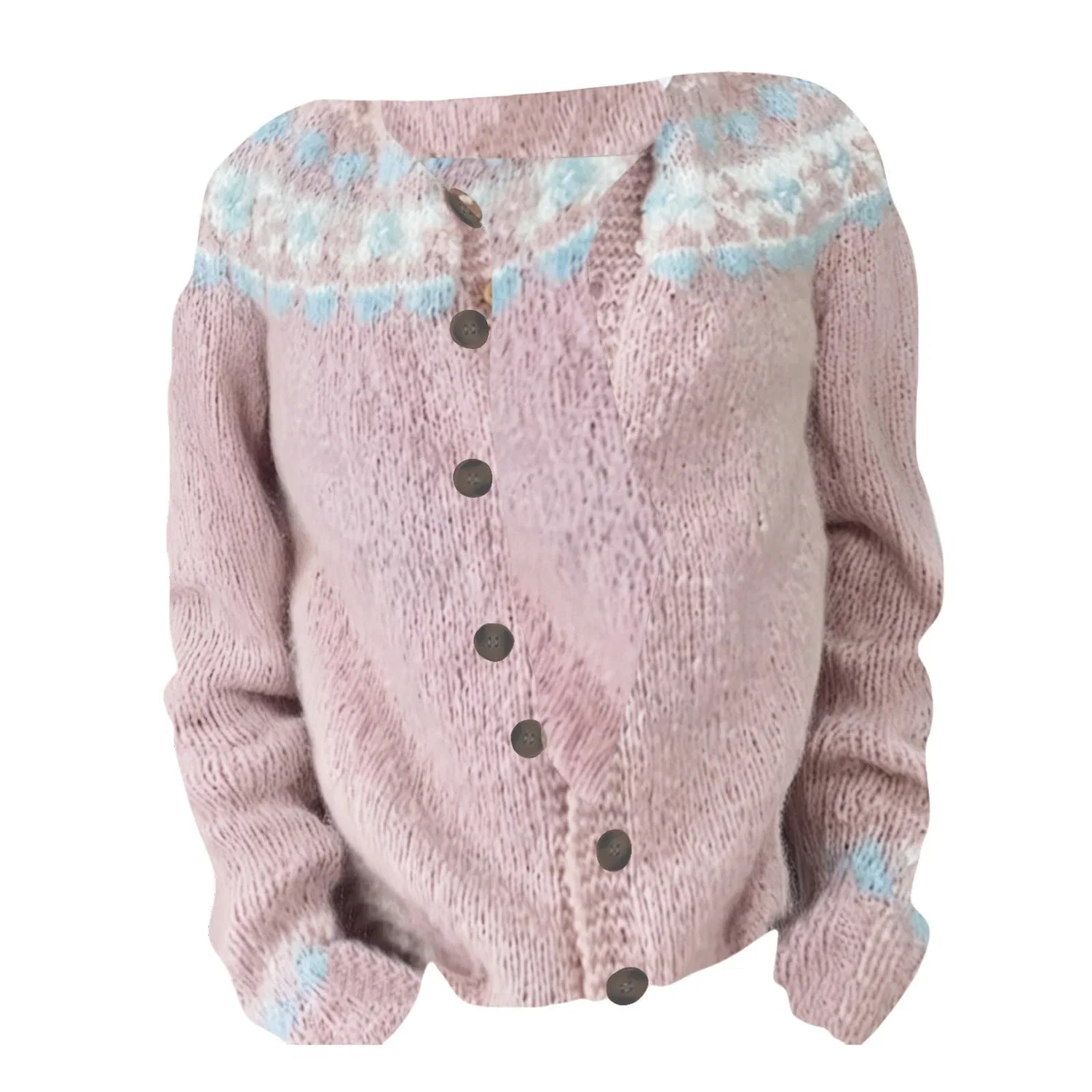 Женский кардиган с нордическим узором Fair Isle с длинным рукавом, Pink-c — фото 3