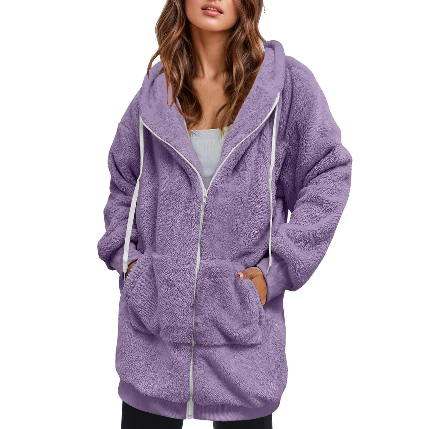Женское утеплённое пальто с флисом на молнии, purple