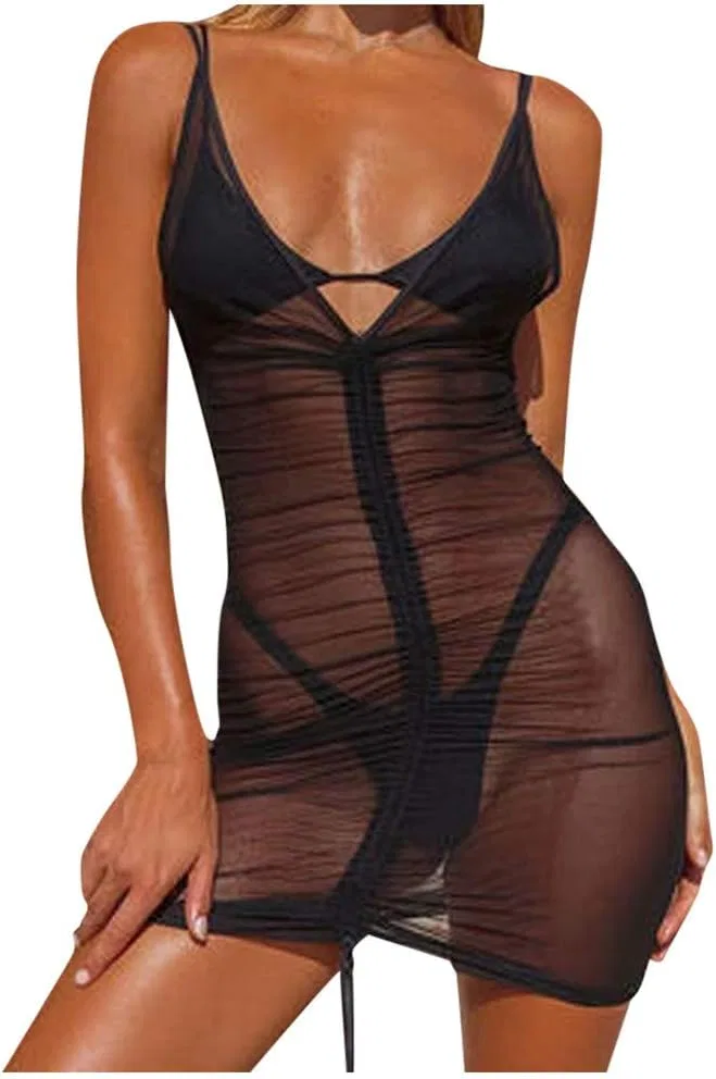 Женское прозрачное платье с V-образным вырезом Bodycon, Black