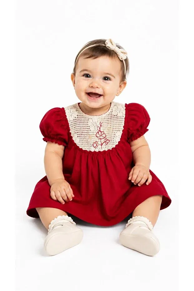 Детское платье для девочек хлопковое с кружевным воротником Oz Baby, Red — фото 3