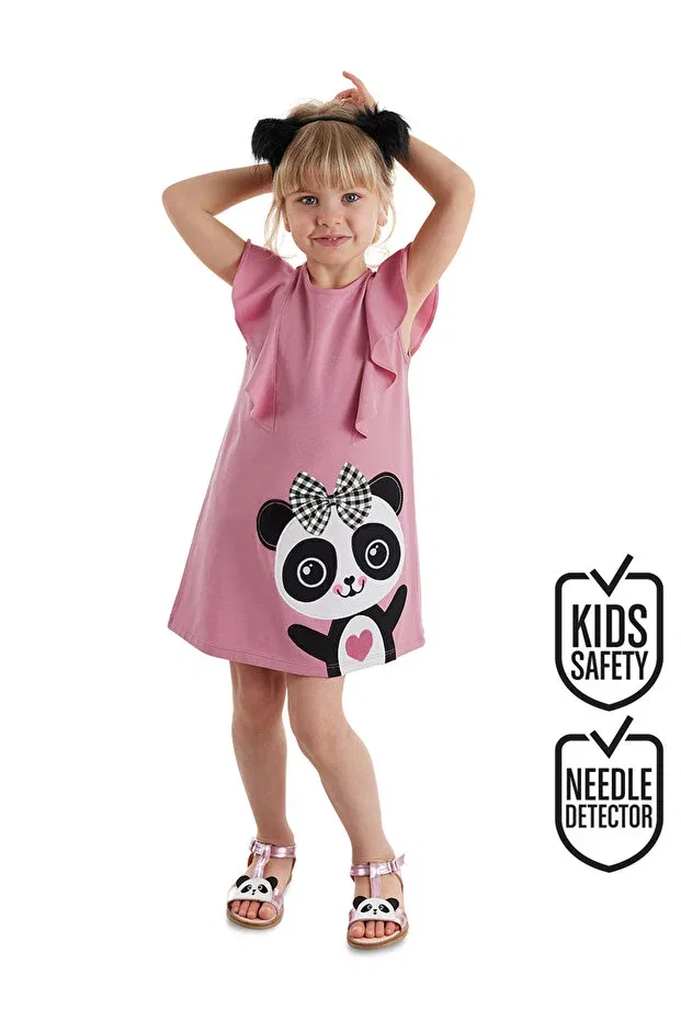 Детское платье для девочек с коротким рукавом Panda Ruffle Detail Denokids, Pink