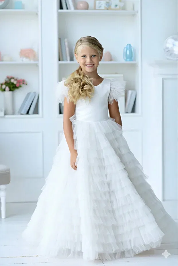Детское платье для девочек с длинным рукавом-воланами A-line Asel Kids, White