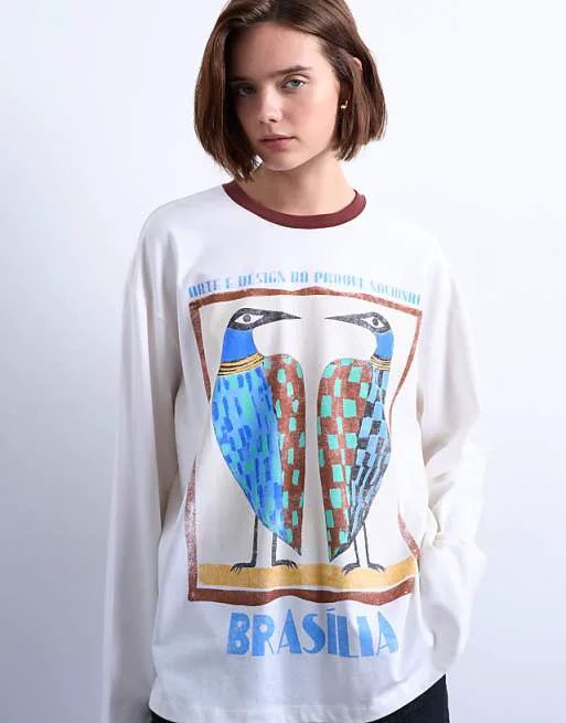 

Белая плиссированная футболка с контрастным рисунком Topshop Brasilia, Белый, Белая плиссированная футболка с контрастным рисунком Topshop Brasilia