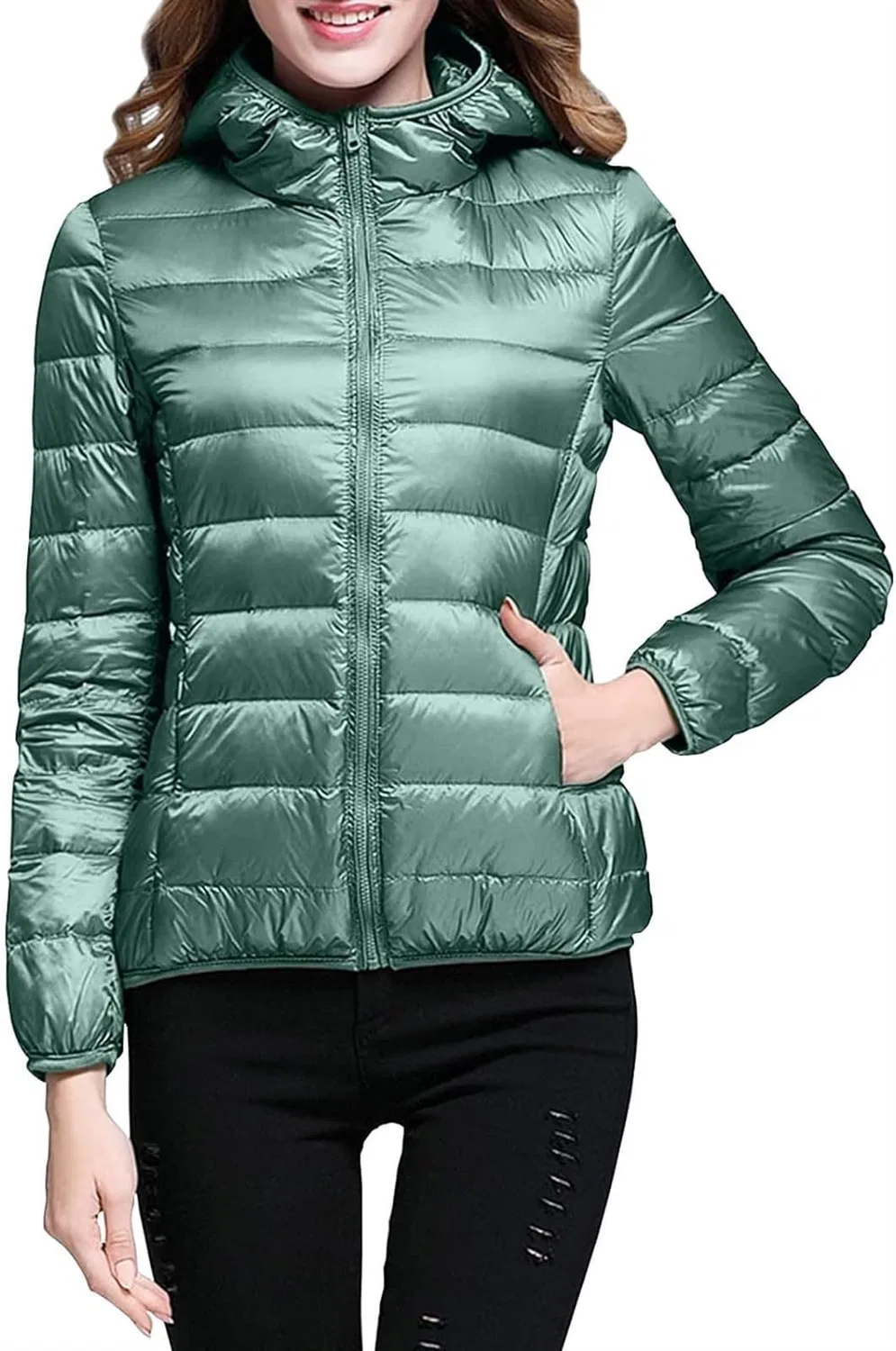 Женское стеганое пуховик с капюшоном и длинным рукавом, Green Mint