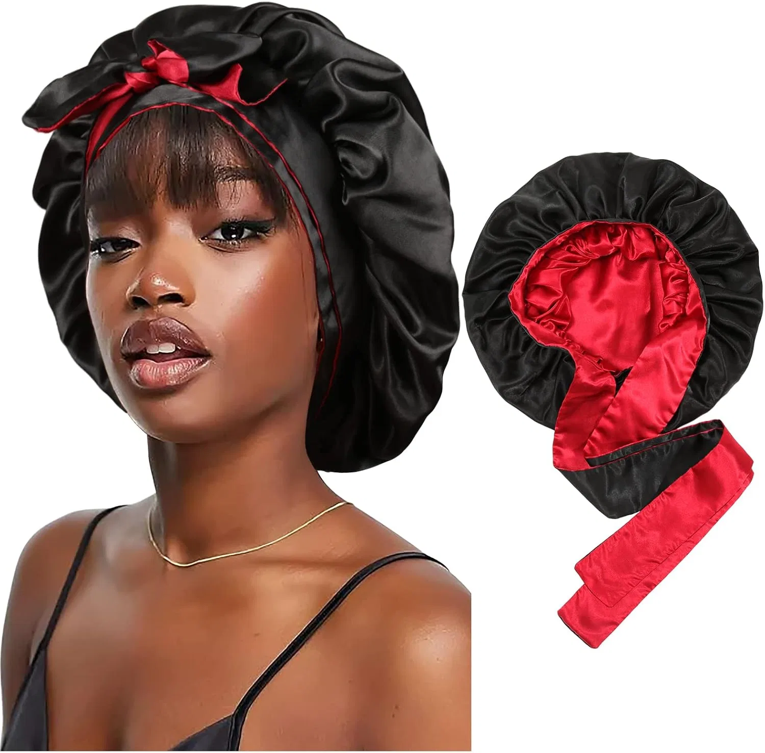 Шелковый чепчик для сна с завязками, CHLINS, двуслойный, 35 см, Black/Red
