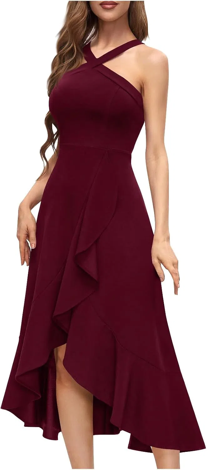 Женское макси-платье с рюшами Halter Neck, Wine