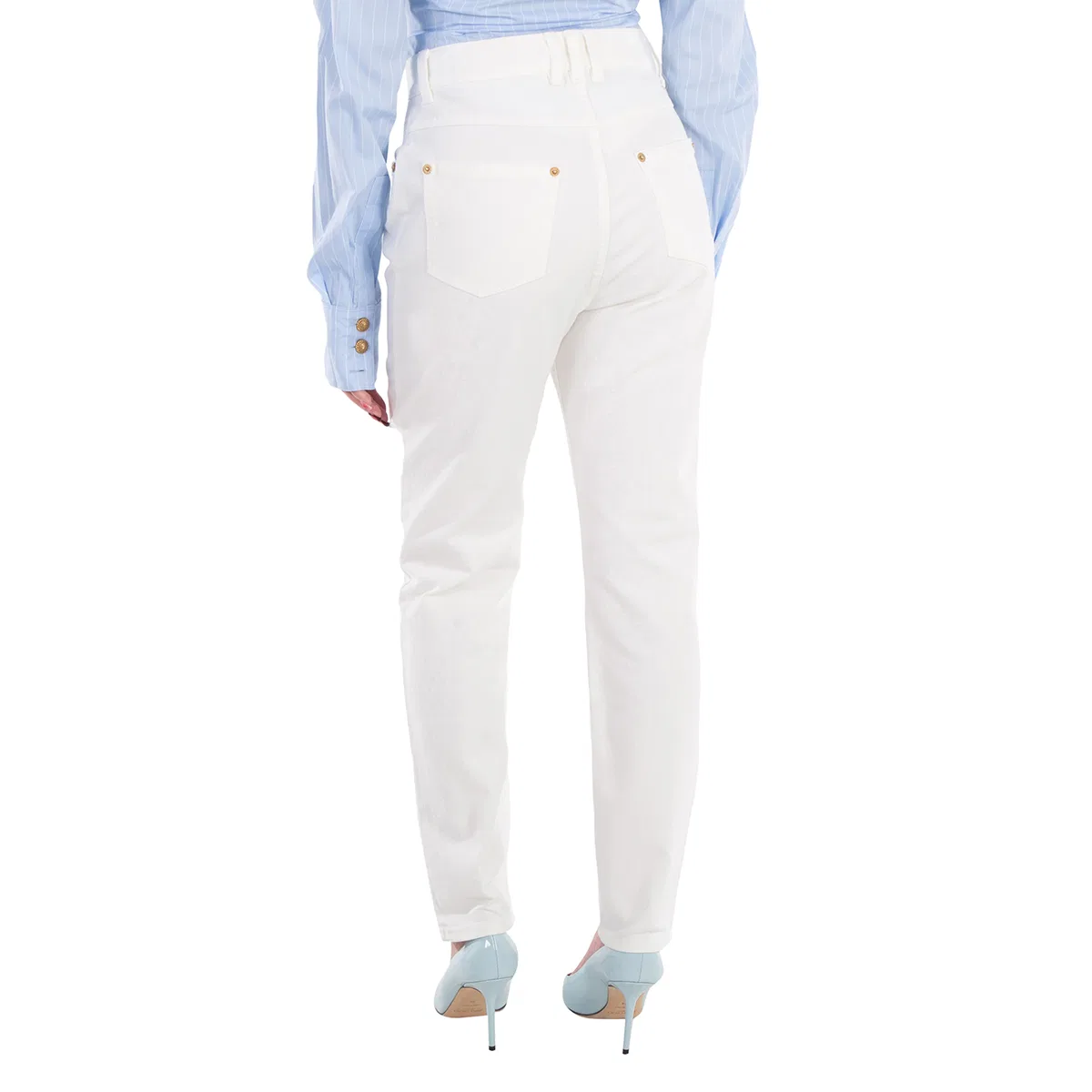 Джинсы с высокой посадкой и зауженным кроем High Waist Slim Fit Jeans Balmain, White — фото 3