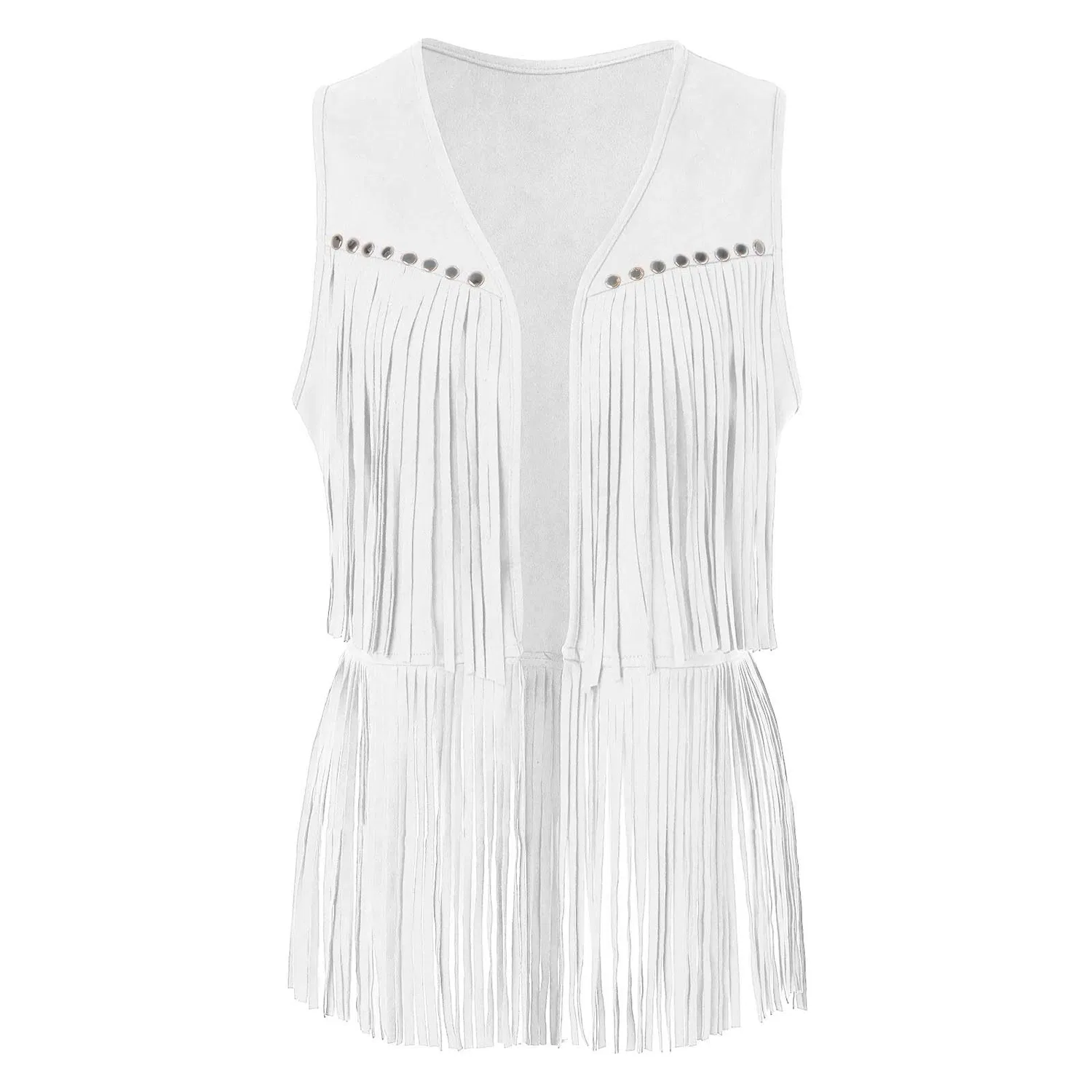 Женский жилет с бахромой Vintage Sleeveless Hippie Dresses 70s Jacket Boho Western Cardigan Winter Fringe, White — фото 3
