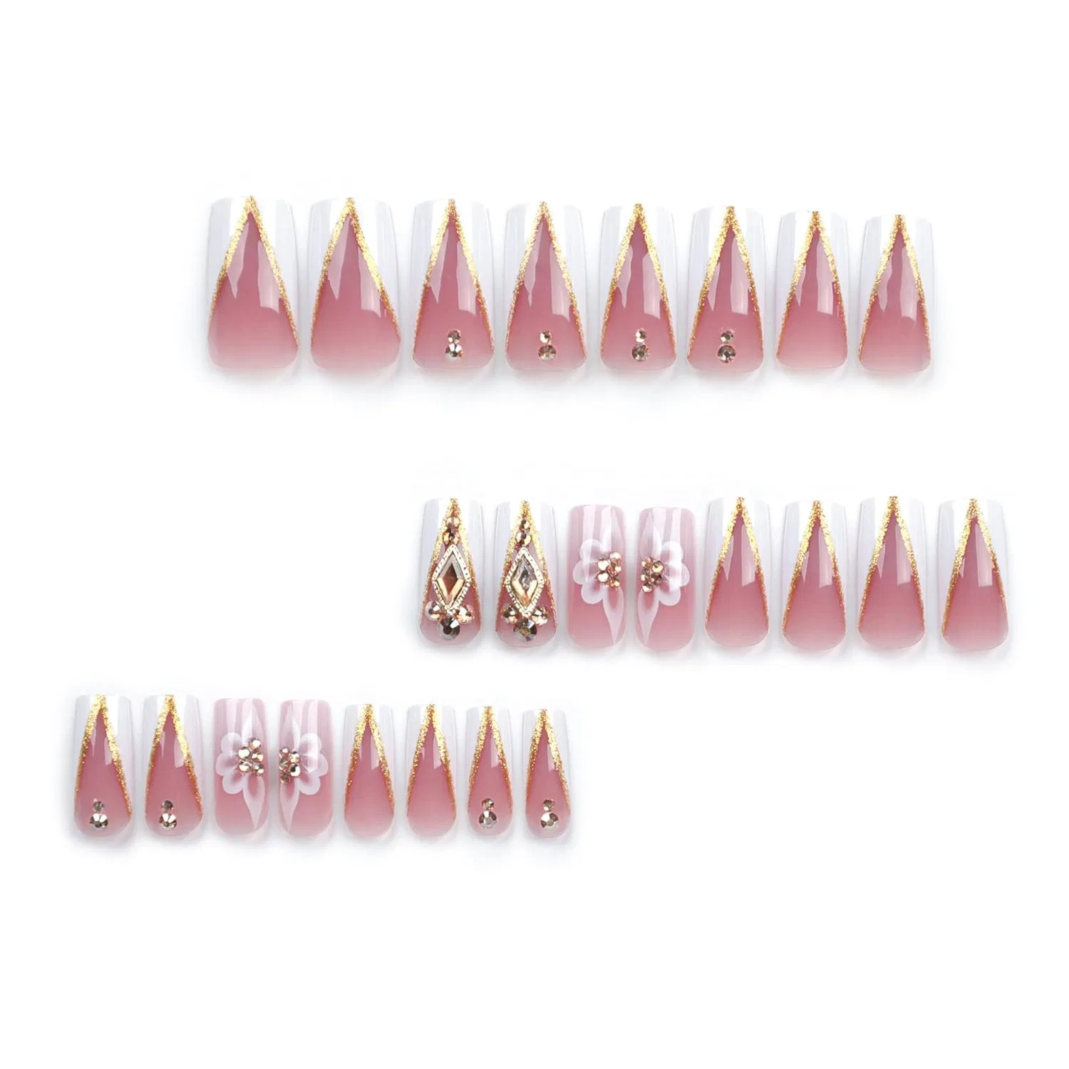 Накладные ногти розовые с 3D цветами и стразами, 24 штуки Fdsmall, Pink